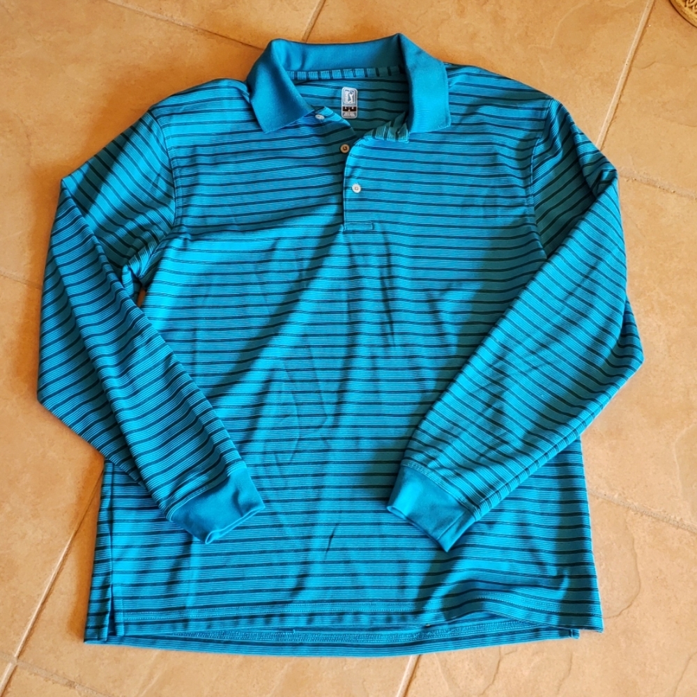 PGA Tour, collared blue striped long sleeve shirt
